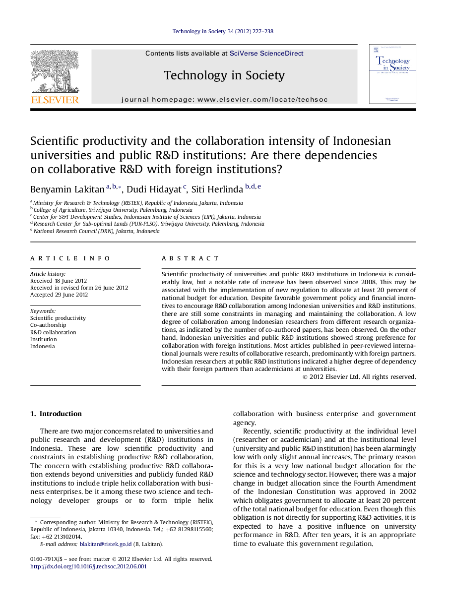 Scientific productivity and the collaboration intensity of Indonesian universities and public R&D institutions: Are there dependencies on collaborative R&D with foreign institutions?