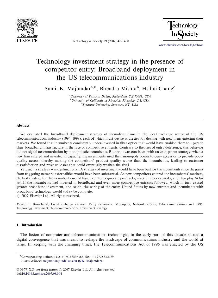 Technology investment strategy in the presence of competitor entry: Broadband deployment in the US telecommunications industry