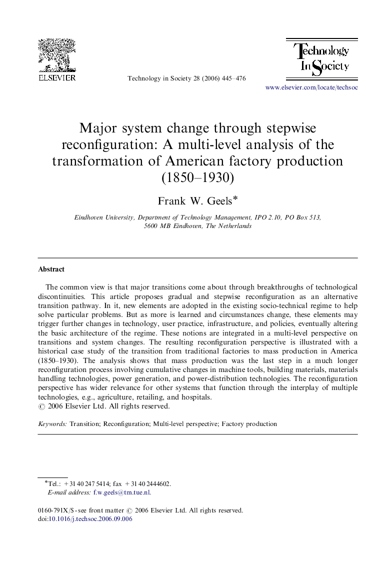 Major system change through stepwise reconfiguration: A multi-level analysis of the transformation of American factory production (1850–1930)