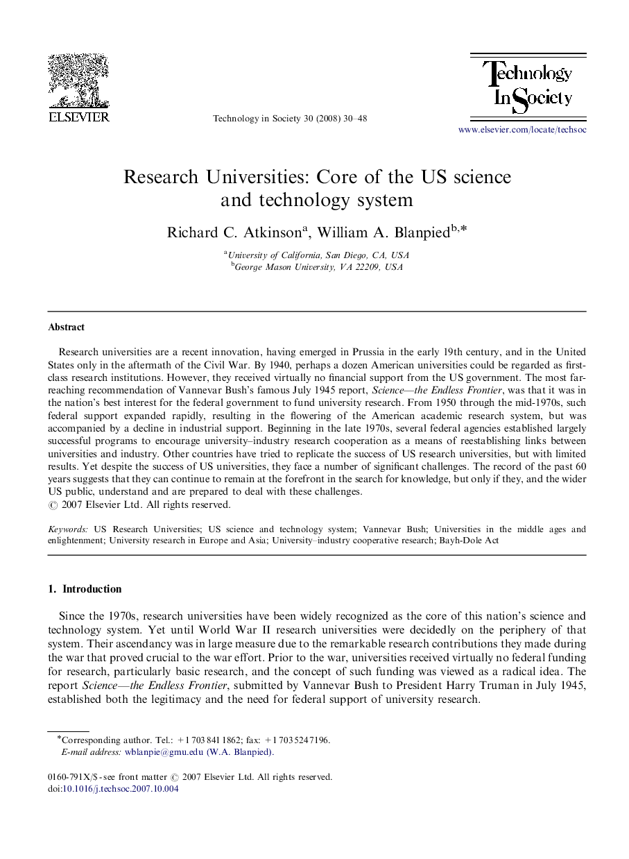 Research Universities: Core of the US science and technology system