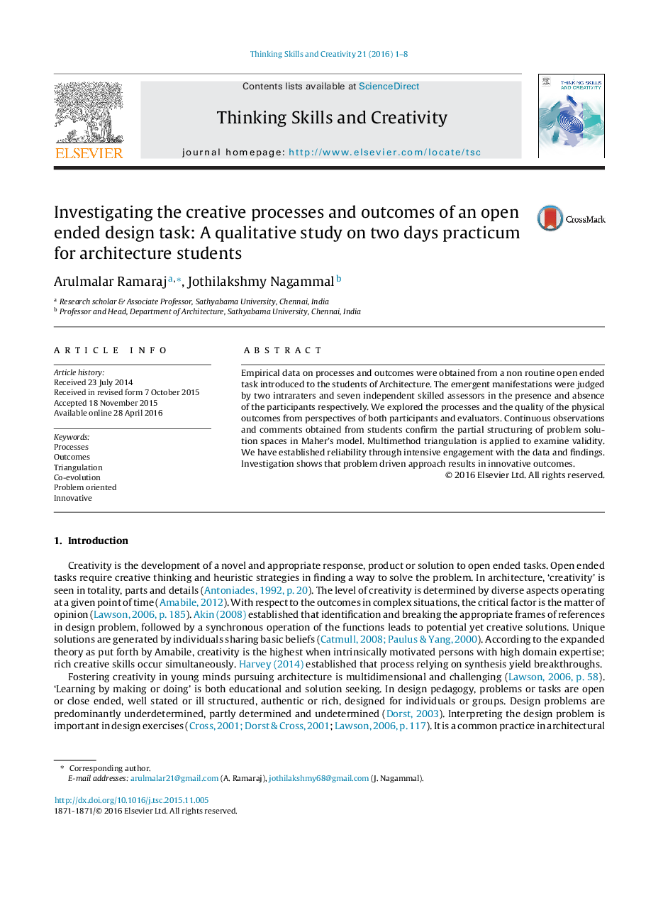 Investigating the creative processes and outcomes of an open ended design task: A qualitative study on two days practicum for architecture students