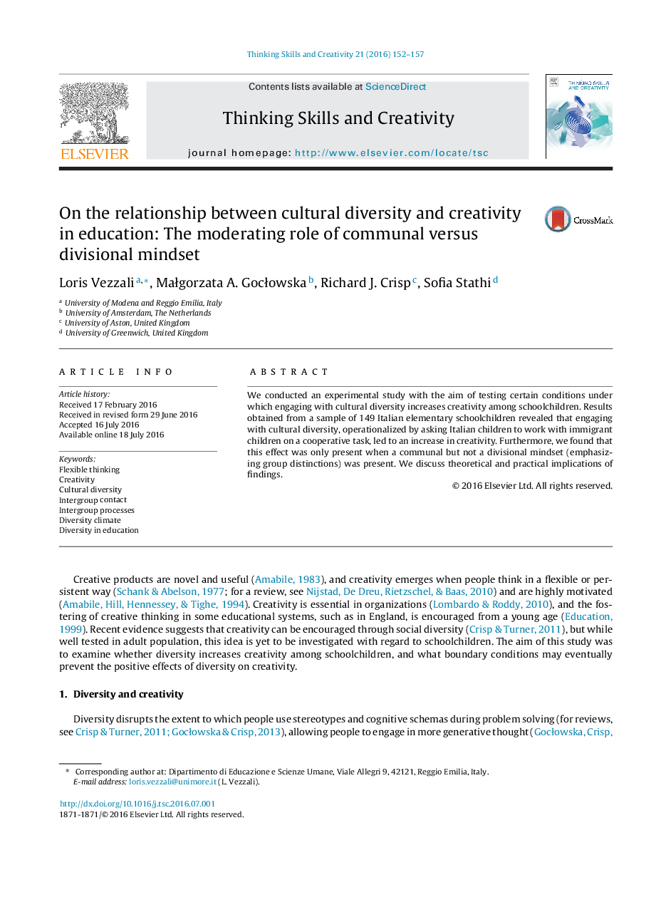 On the relationship between cultural diversity and creativity in education: The moderating role of communal versus divisional mindset