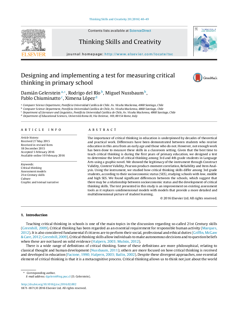 Designing and implementing a test for measuring critical thinking in primary school