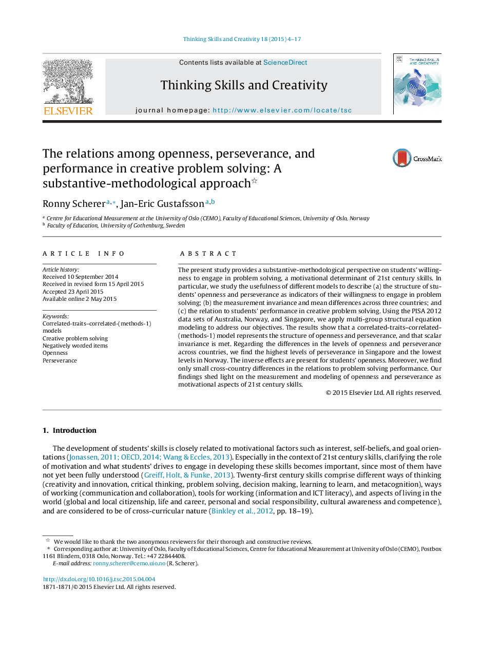 The relations among openness, perseverance, and performance in creative problem solving: A substantive-methodological approach 