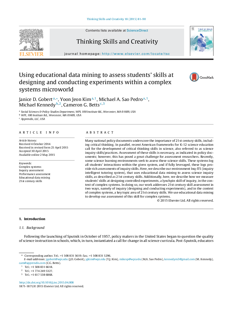 Using educational data mining to assess students’ skills at designing and conducting experiments within a complex systems microworld