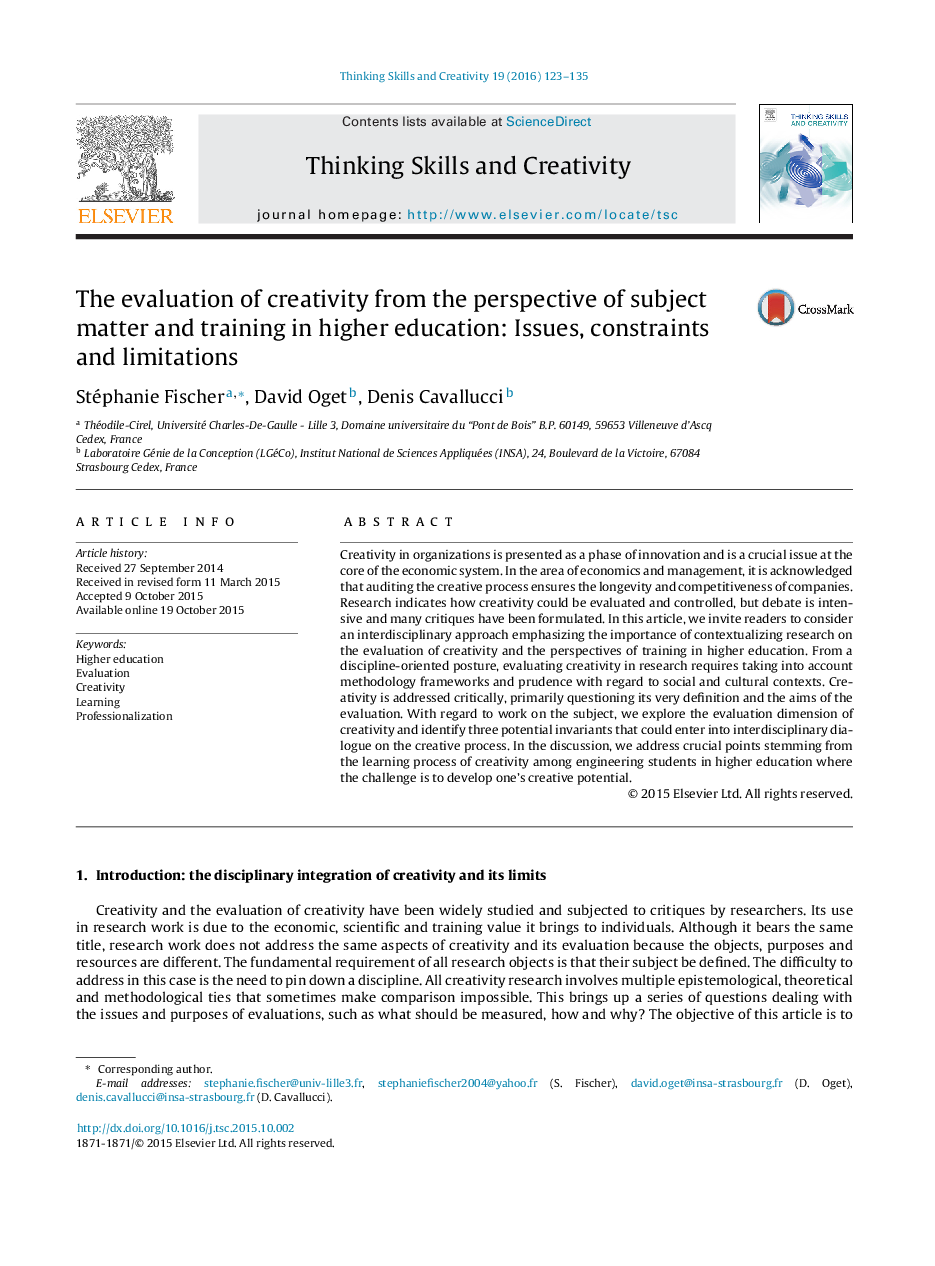 The evaluation of creativity from the perspective of subject matter and training in higher education: Issues, constraints and limitations