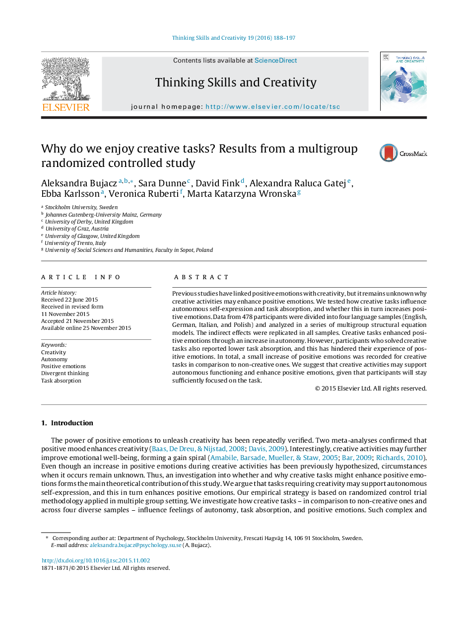 Why do we enjoy creative tasks? Results from a multigroup randomized controlled study