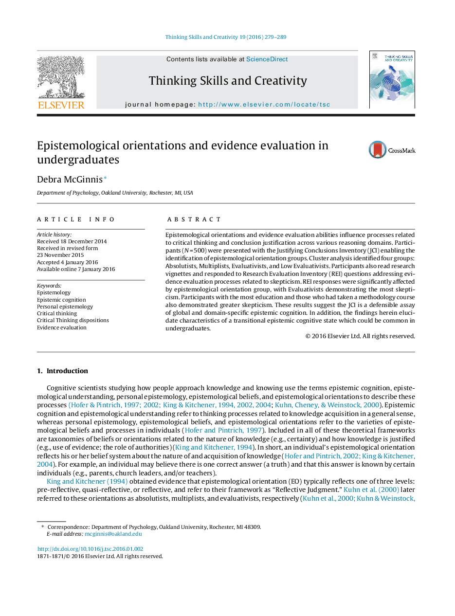 Epistemological orientations and evidence evaluation in undergraduates