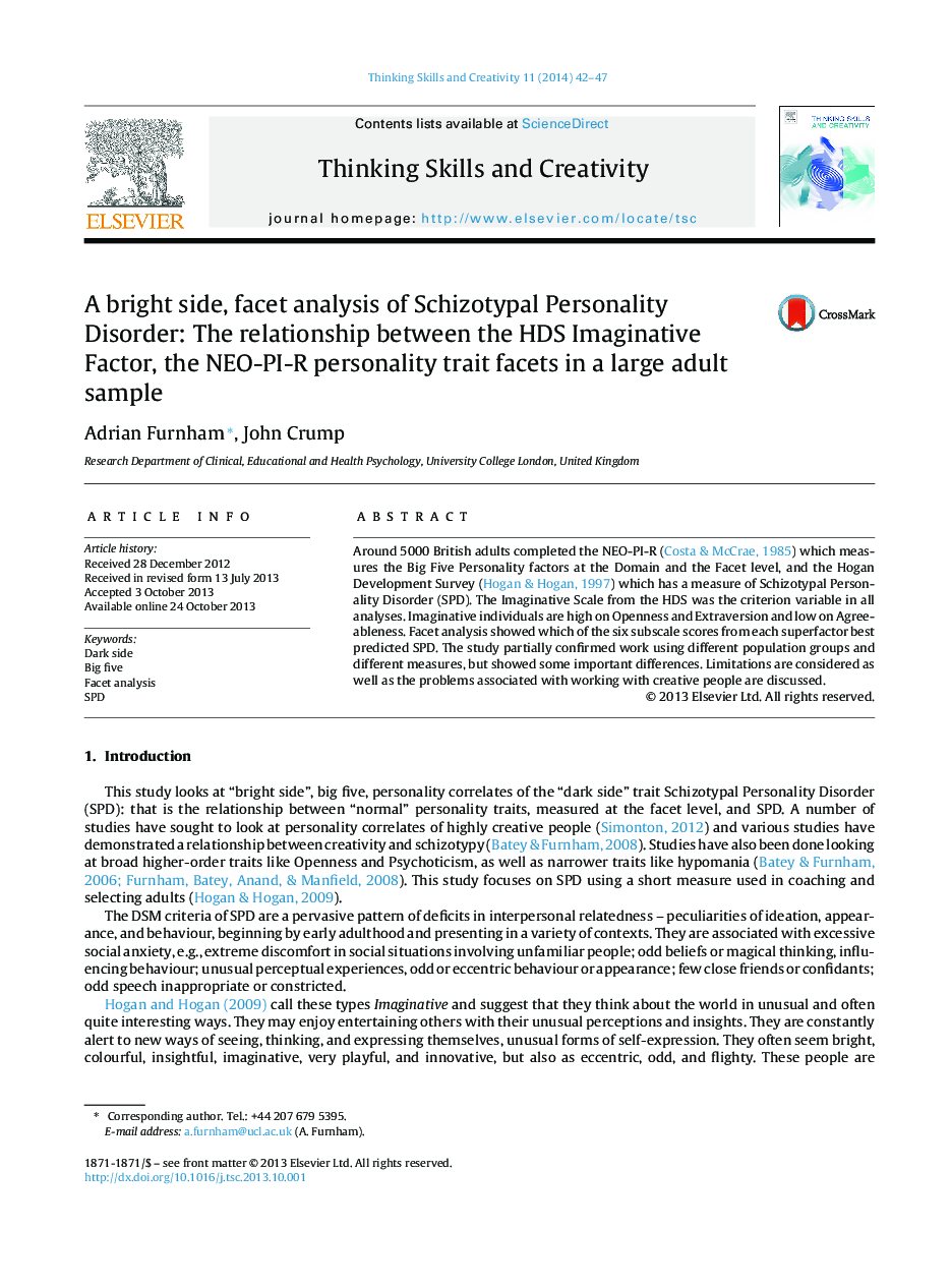 سمت روشن، جنبه تجزیه و تحلیل از اختلال شخصیت: رابطه بین HDS تخیلی فاکتور، NEO-PI-R جنبه صفت شخصیت در یک نمونه بزرگ بالغ