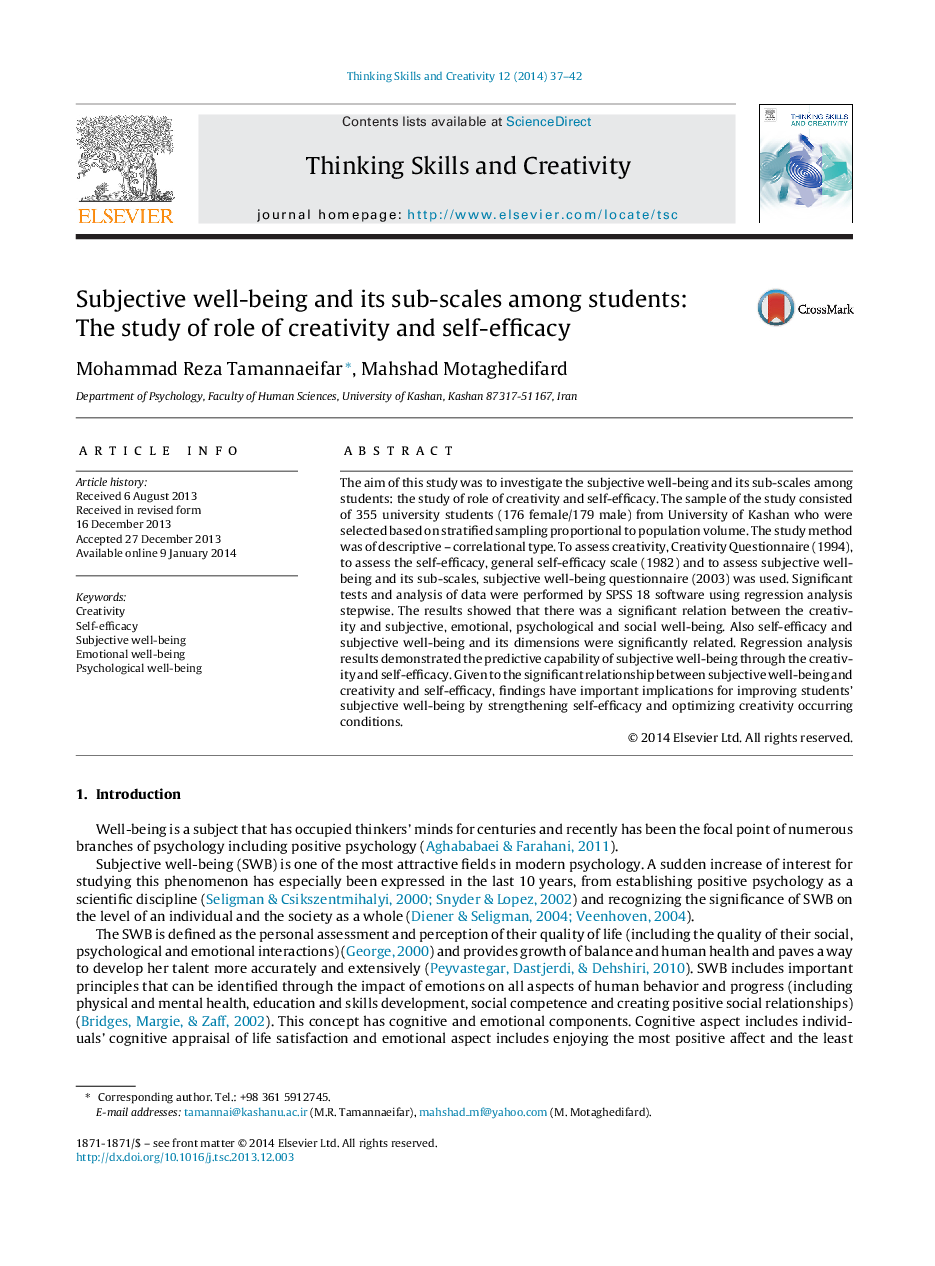 Subjective well-being and its sub-scales among students: The study of role of creativity and self-efficacy