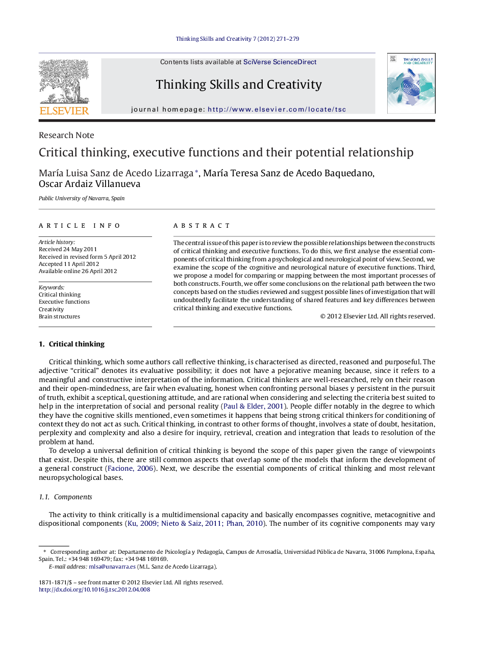 Critical thinking, executive functions and their potential relationship