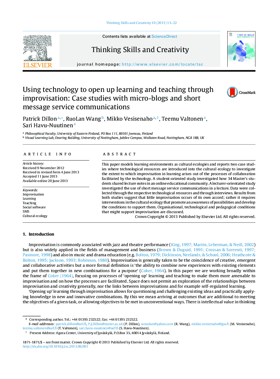 Using technology to open up learning and teaching through improvisation: Case studies with micro-blogs and short message service communications