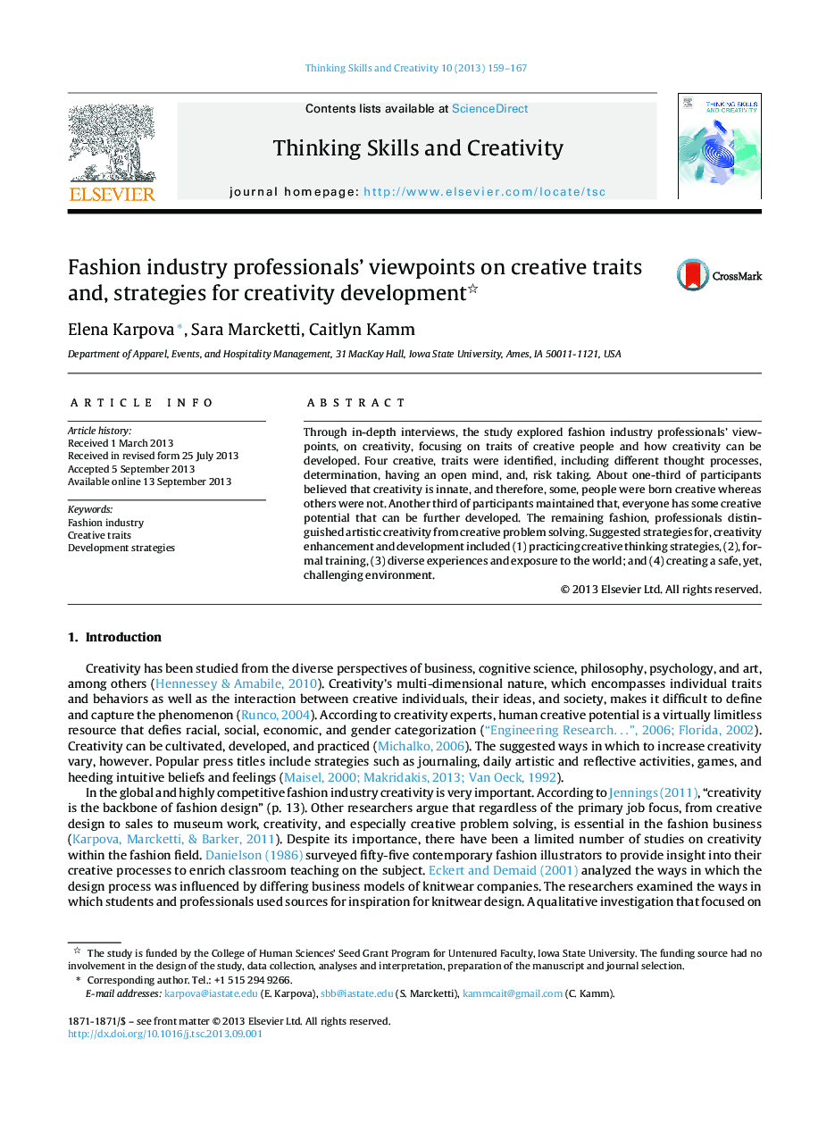 Fashion industry professionals’ viewpoints on creative traits and, strategies for creativity development 