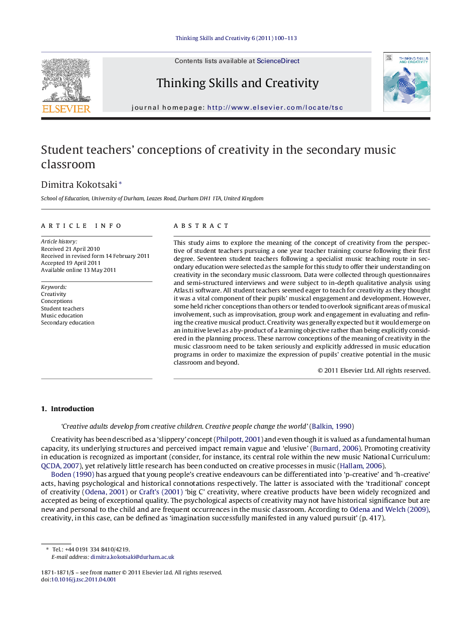 عکس صفحه اول مقاله: Student teachers’ conceptions of creativity in the secondary music classroom Student teachers’ conceptions of creativity in the secondary music classroom