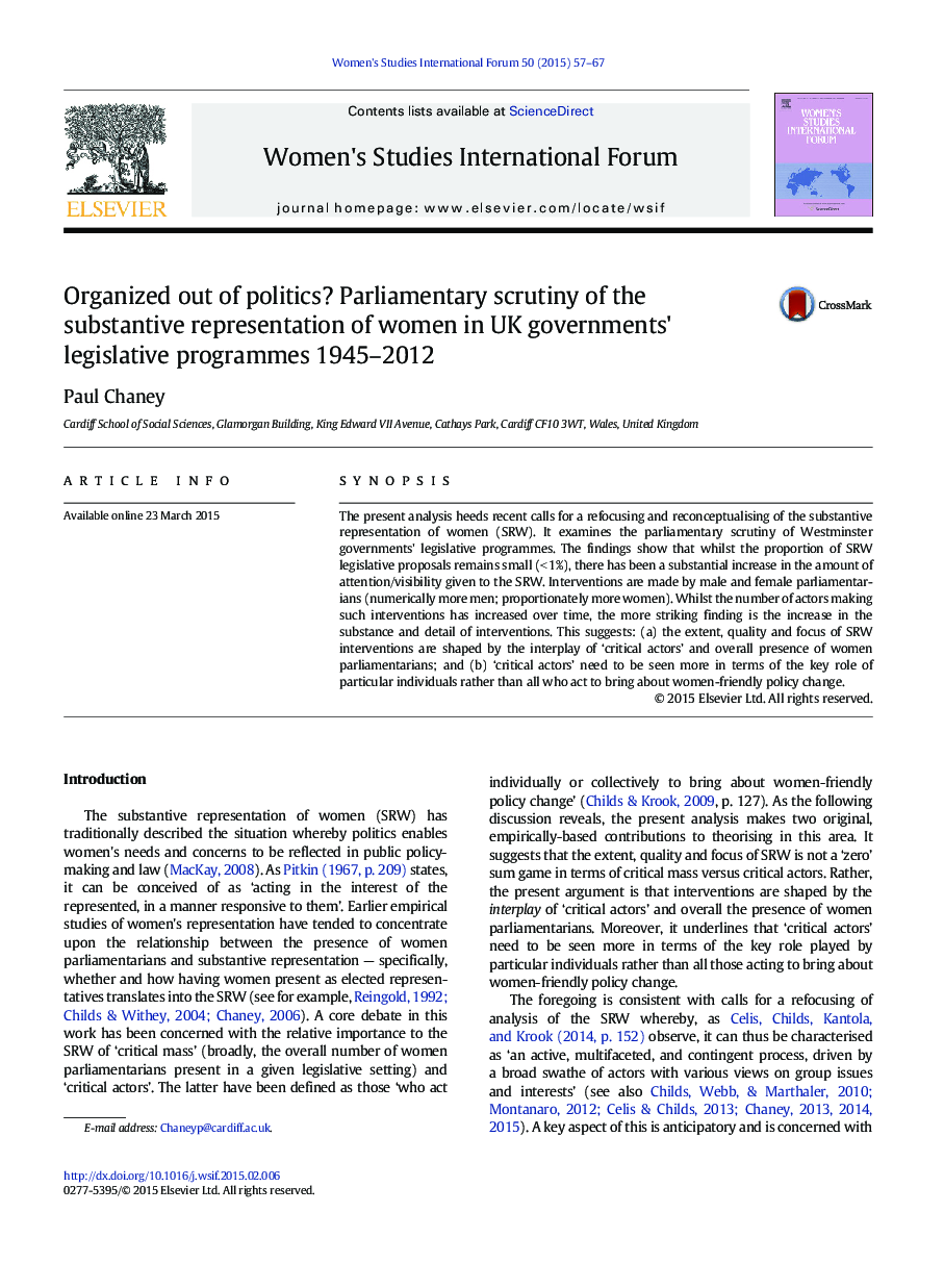 Organized out of politics? Parliamentary scrutiny of the substantive representation of women in UK governments' legislative programmes 1945–2012