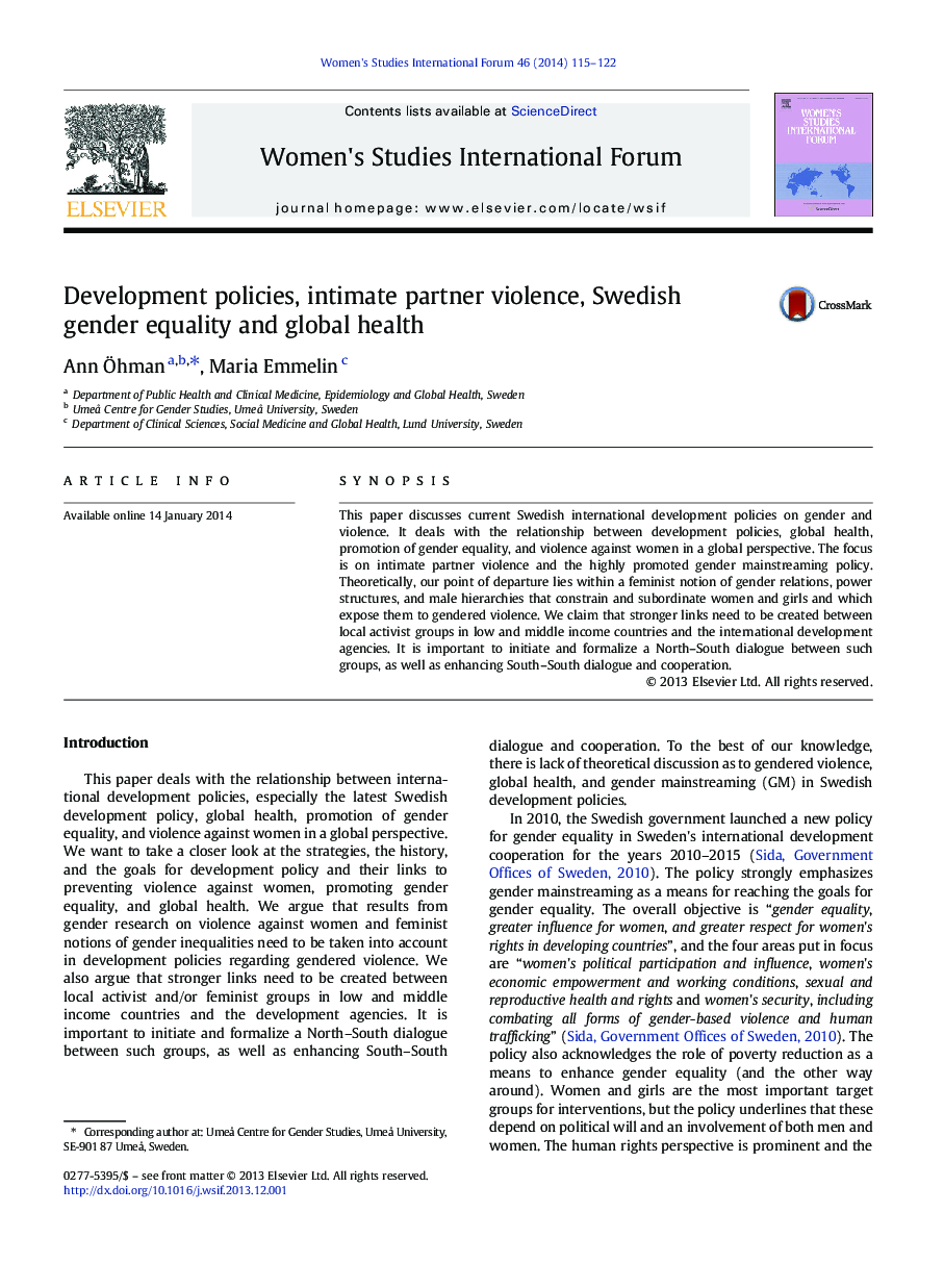 سیاست های توسعه، خشونت، برابری جنسیتی سوئدی و بهداشت جهانی
