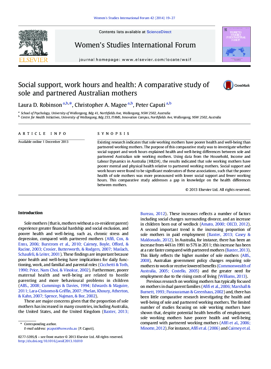 Social support, work hours and health: A comparative study of sole and partnered Australian mothers