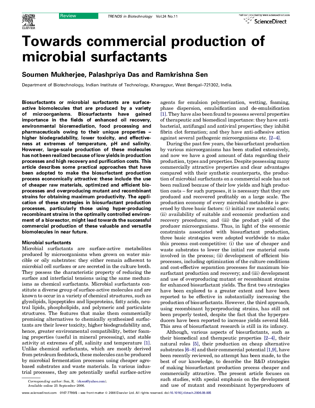 عکس صفحه اول مقاله: Towards commercial production of microbial surfactants Towards commercial production of microbial surfactants