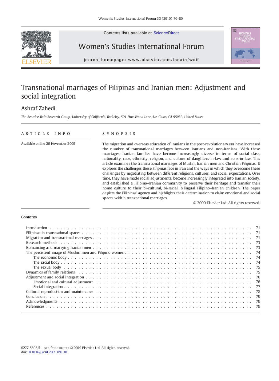 Transnational marriages of Filipinas and Iranian men: Adjustment and social integration