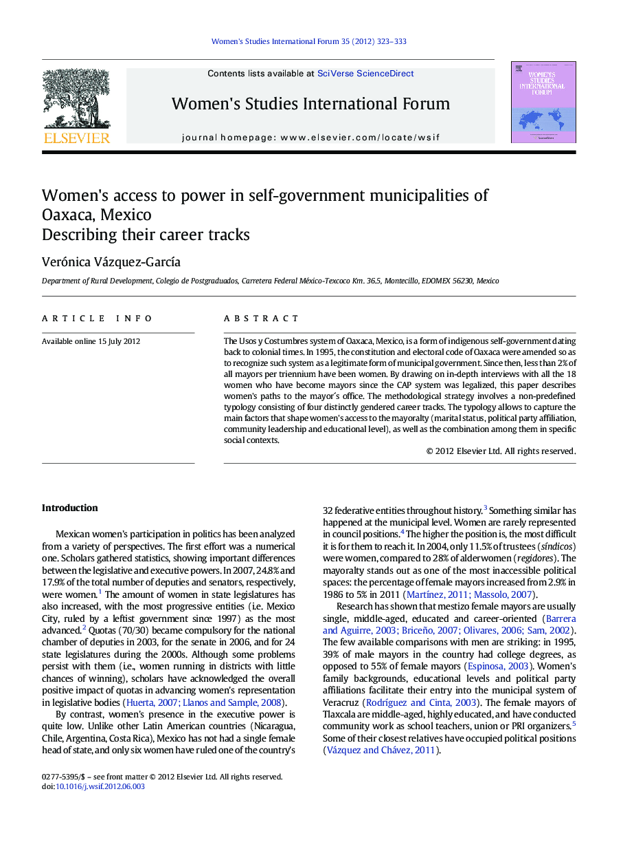 عکس صفحه اول مقاله: Women's access to power in self-government municipalities of Oaxaca, Mexico: Describing their career tracks Women's access to power in self-government municipalities of Oaxaca, Mexico: Describing their career tracks