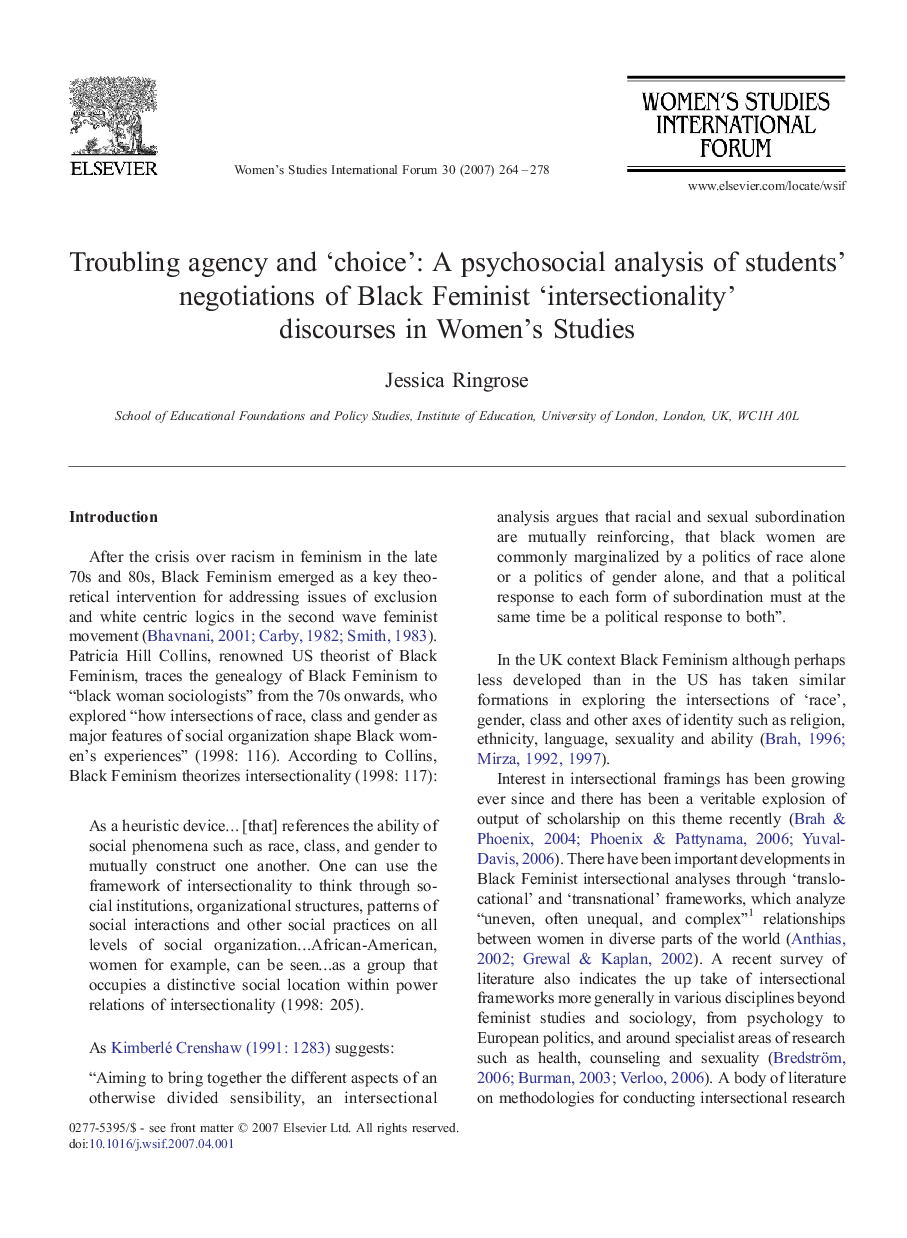 Troubling agency and 'choice': A psychosocial analysis of students' negotiations of Black Feminist 'intersectionality' discourses in Women's Studies