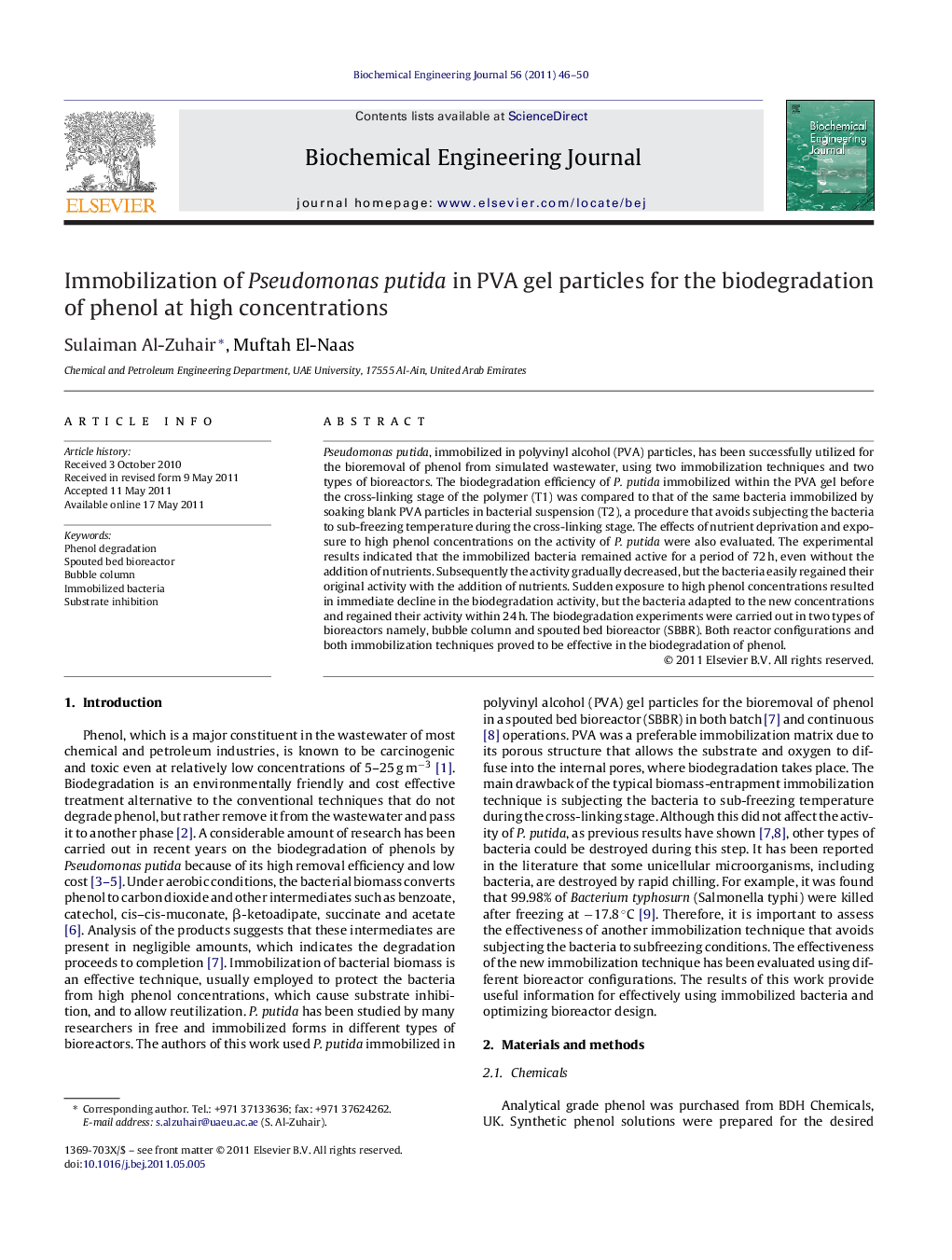 Immobilization of Pseudomonas putida in PVA gel particles for the biodegradation of phenol at high concentrations