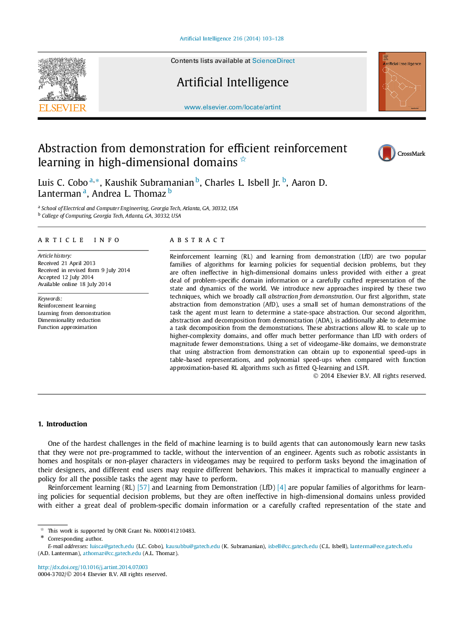 Abstraction from demonstration for efficient reinforcement learning in high-dimensional domains 