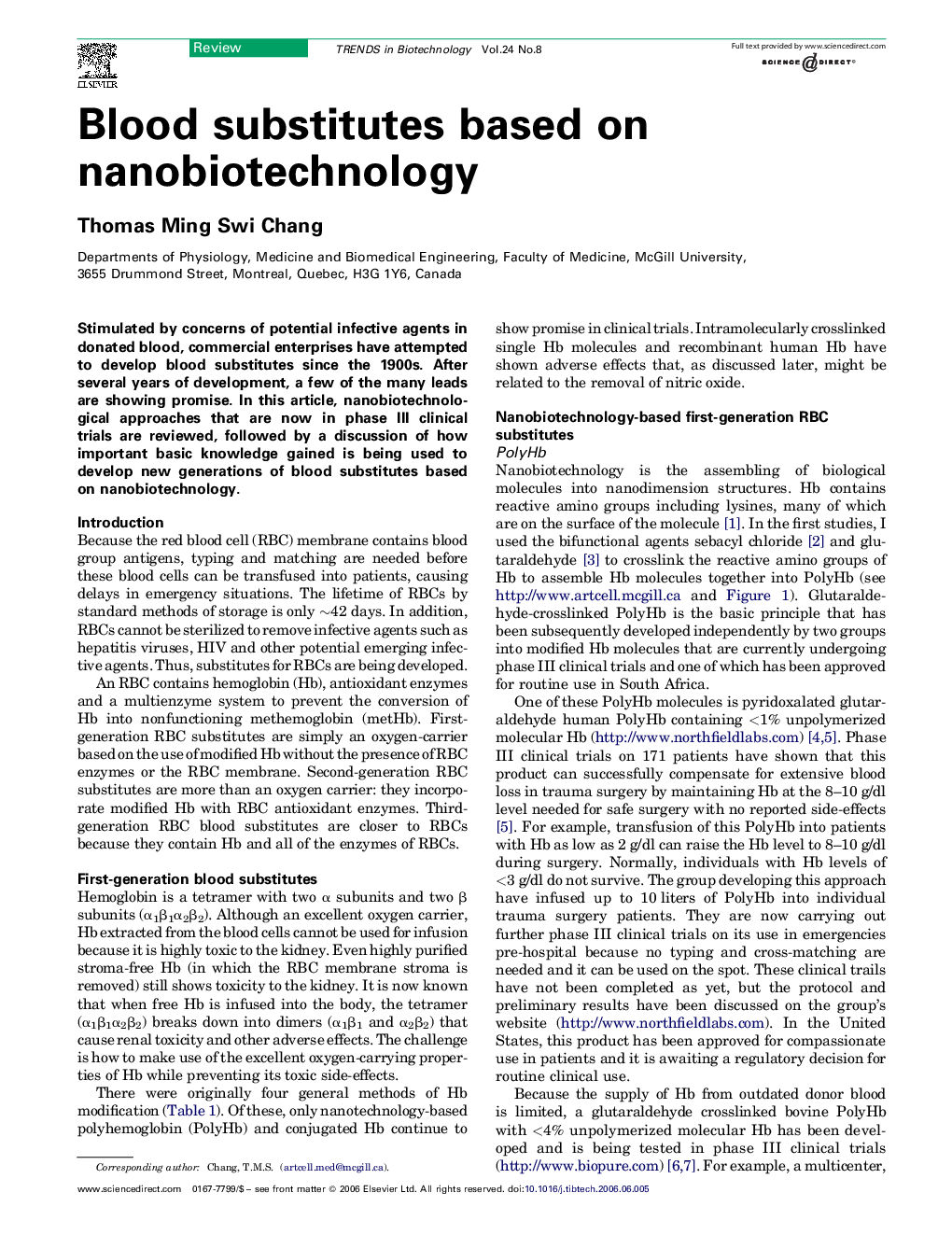 Blood substitutes based on nanobiotechnology