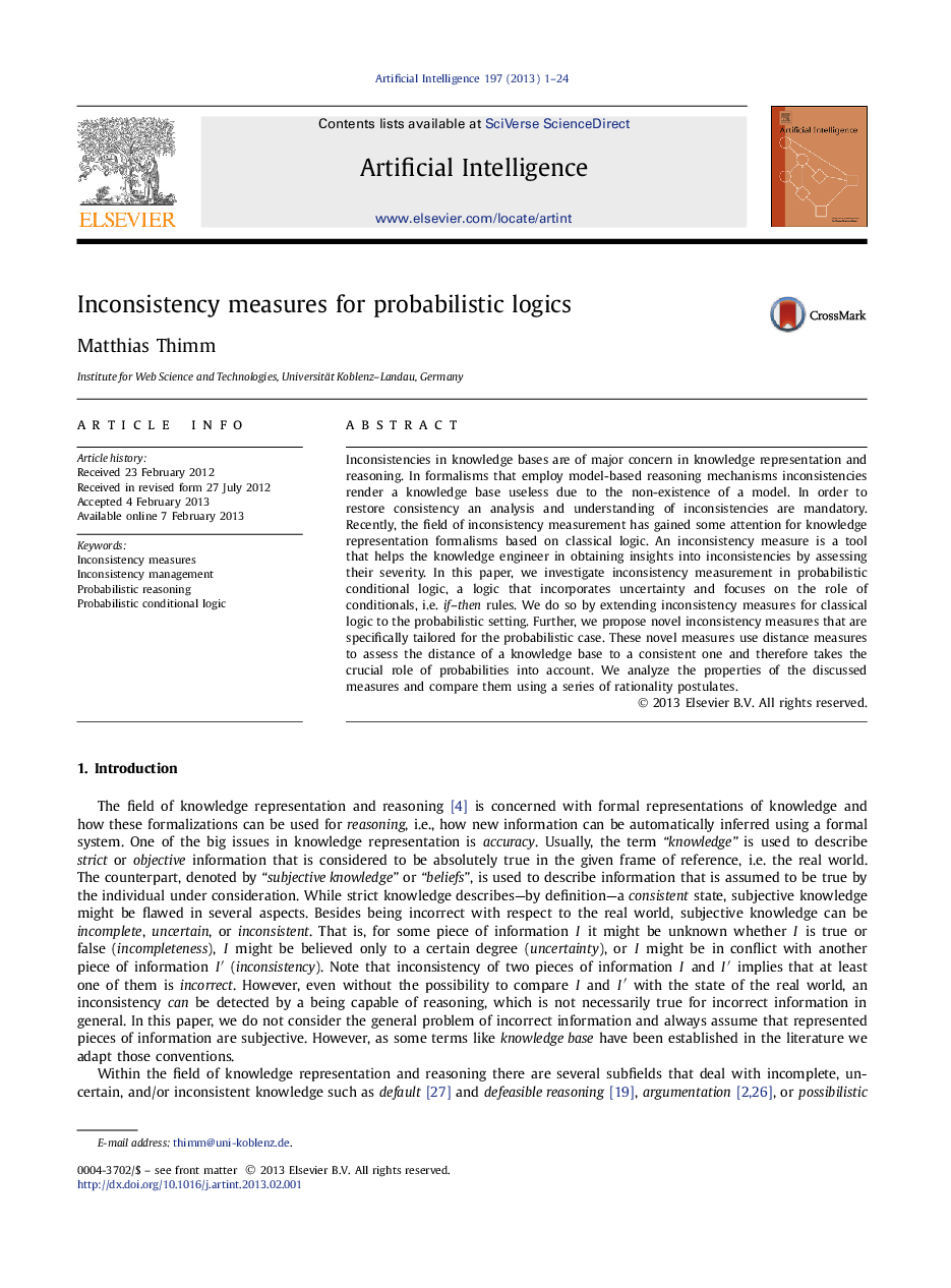 Inconsistency measures for probabilistic logics