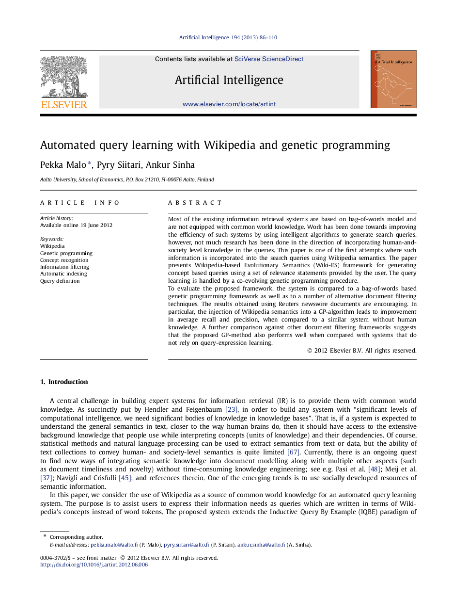 Automated query learning with Wikipedia and genetic programming