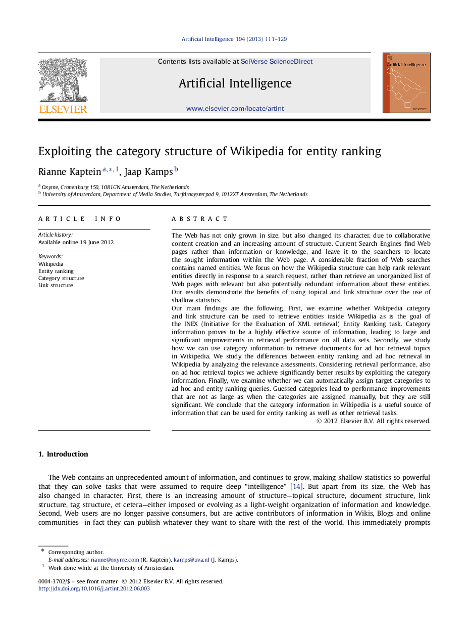 Exploiting the category structure of Wikipedia for entity ranking
