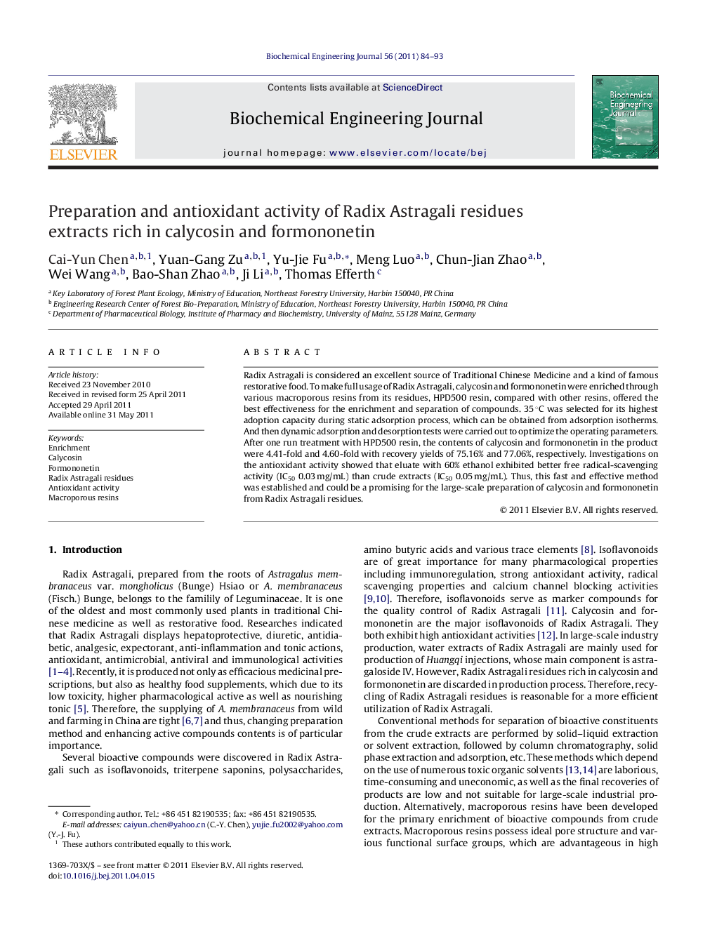 Preparation and antioxidant activity of Radix Astragali residues extracts rich in calycosin and formononetin