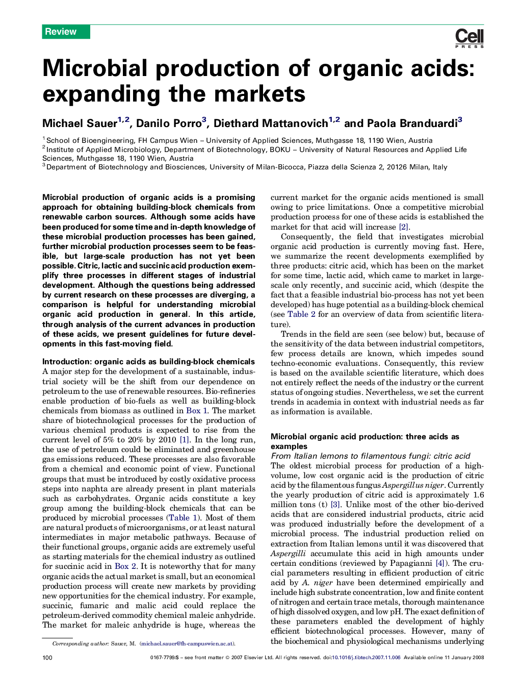 Microbial production of organic acids: expanding the markets