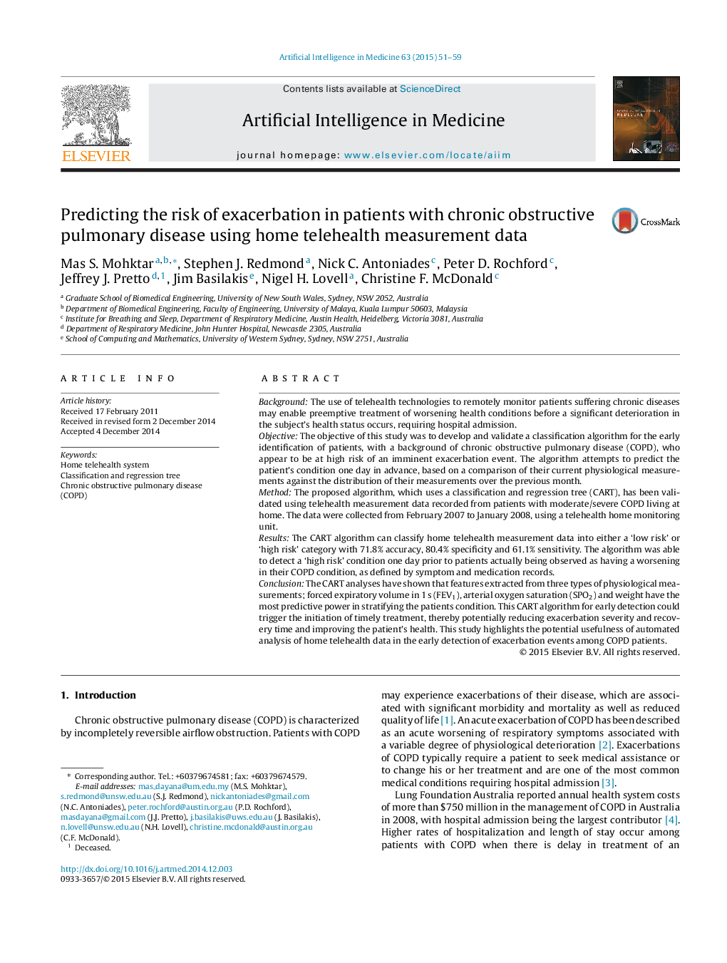 Predicting the risk of exacerbation in patients with chronic obstructive pulmonary disease using home telehealth measurement data