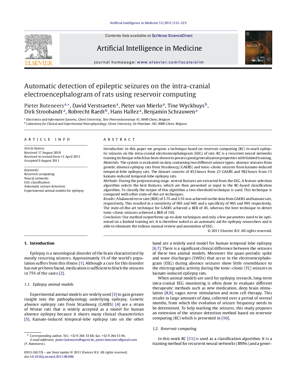 Automatic detection of epileptic seizures on the intra-cranial electroencephalogram of rats using reservoir computing