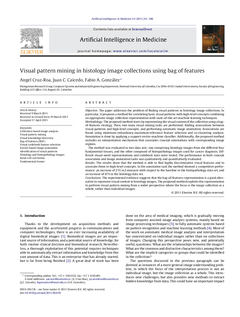 Visual pattern mining in histology image collections using bag of features