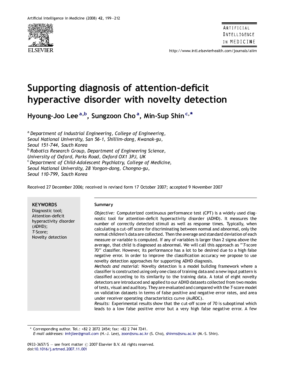 Supporting diagnosis of attention-deficit hyperactive disorder with novelty detection