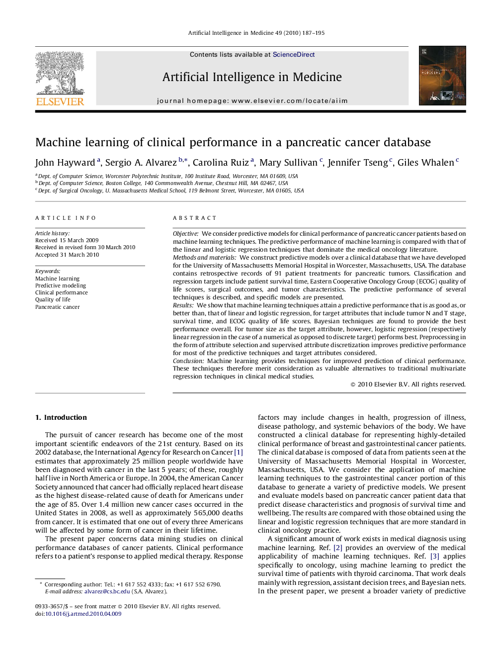 Machine learning of clinical performance in a pancreatic cancer database