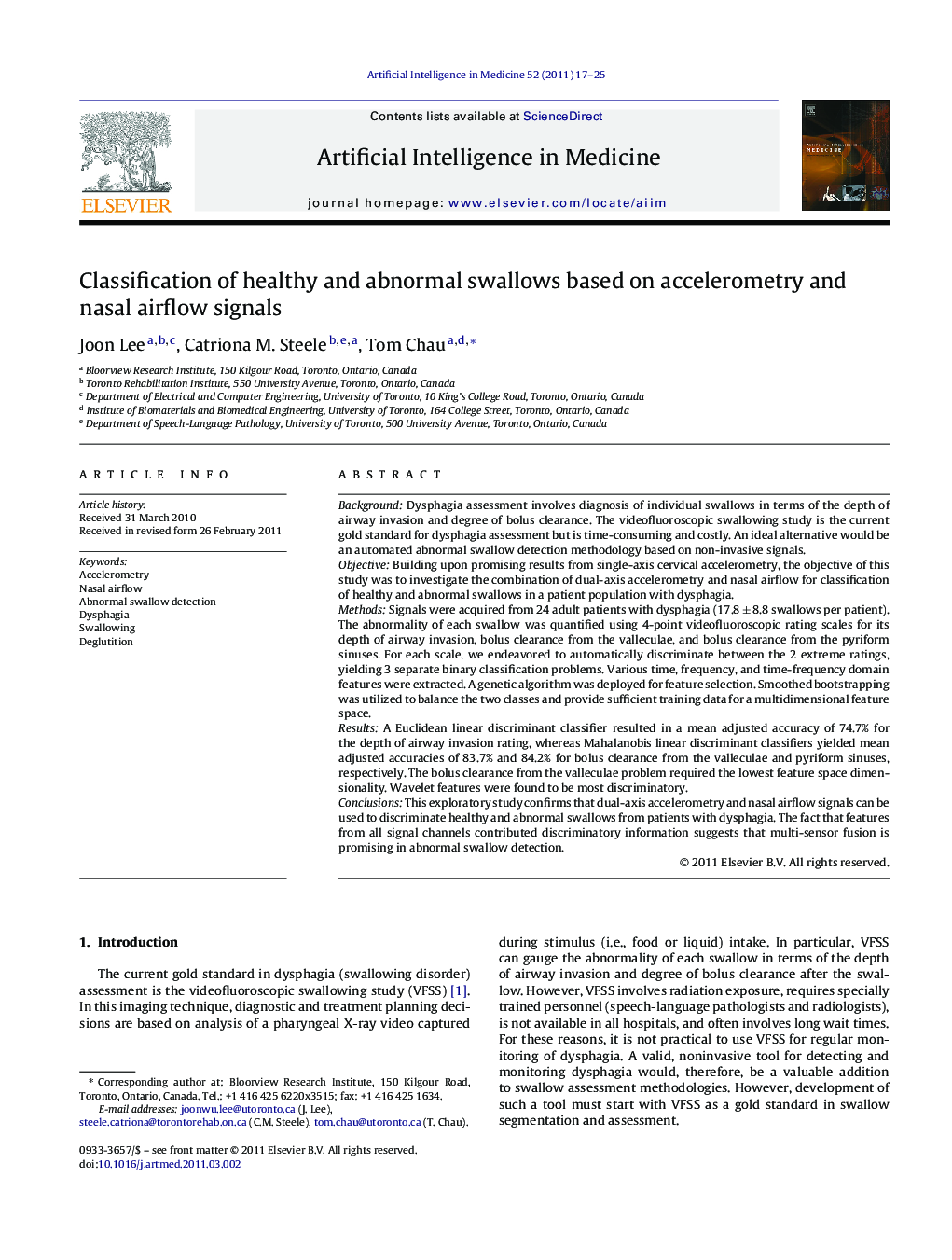 Classification of healthy and abnormal swallows based on accelerometry and nasal airflow signals