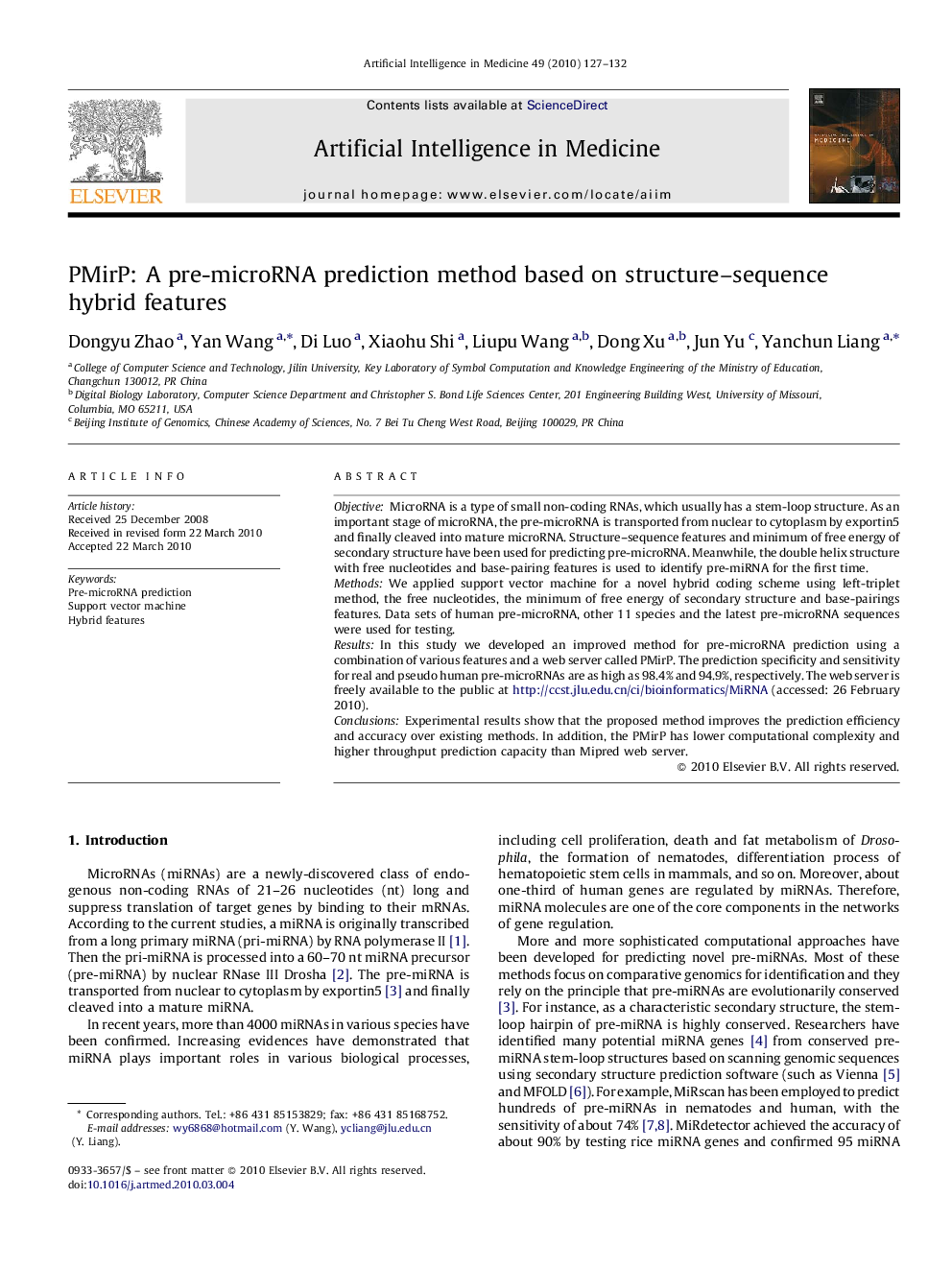 PMirP: A pre-microRNA prediction method based on structure–sequence hybrid features