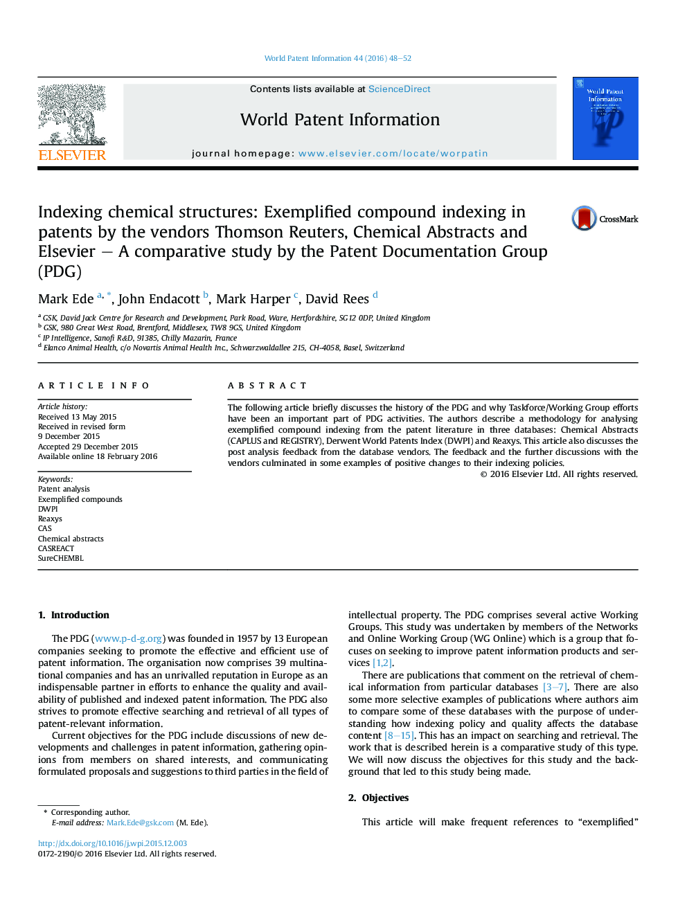 Indexing chemical structures: Exemplified compound indexing in patents by the vendors Thomson Reuters, Chemical Abstracts and Elsevier – A comparative study by the Patent Documentation Group (PDG)