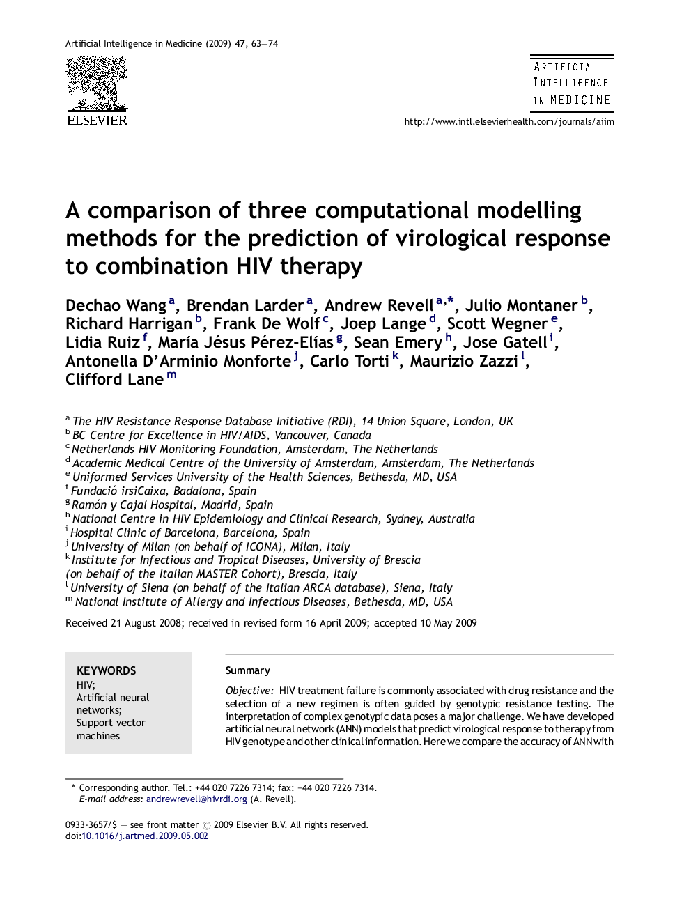 A comparison of three computational modelling methods for the prediction of virological response to combination HIV therapy