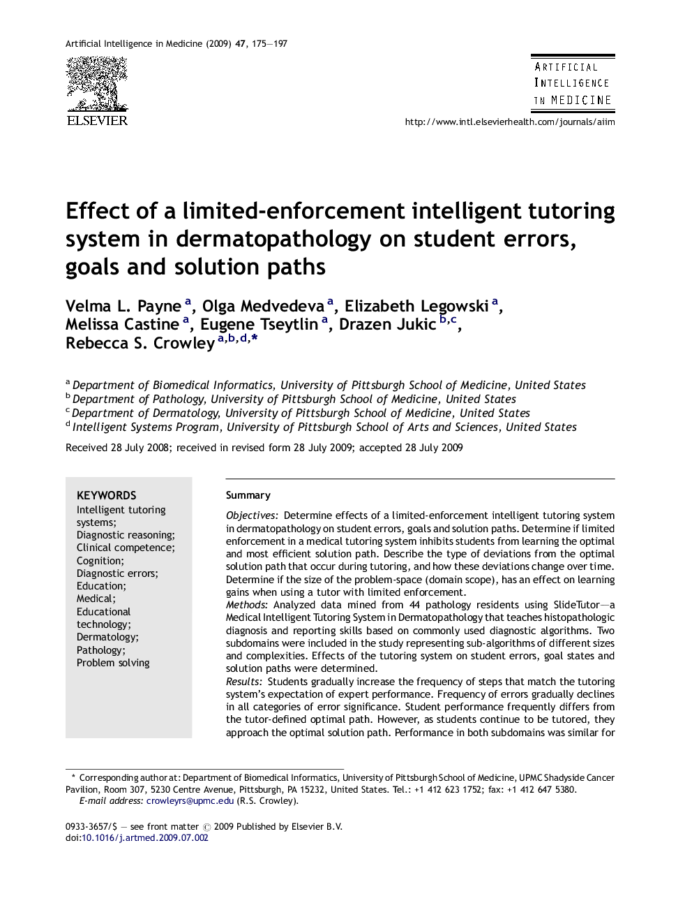 Effect of a limited-enforcement intelligent tutoring system in dermatopathology on student errors, goals and solution paths