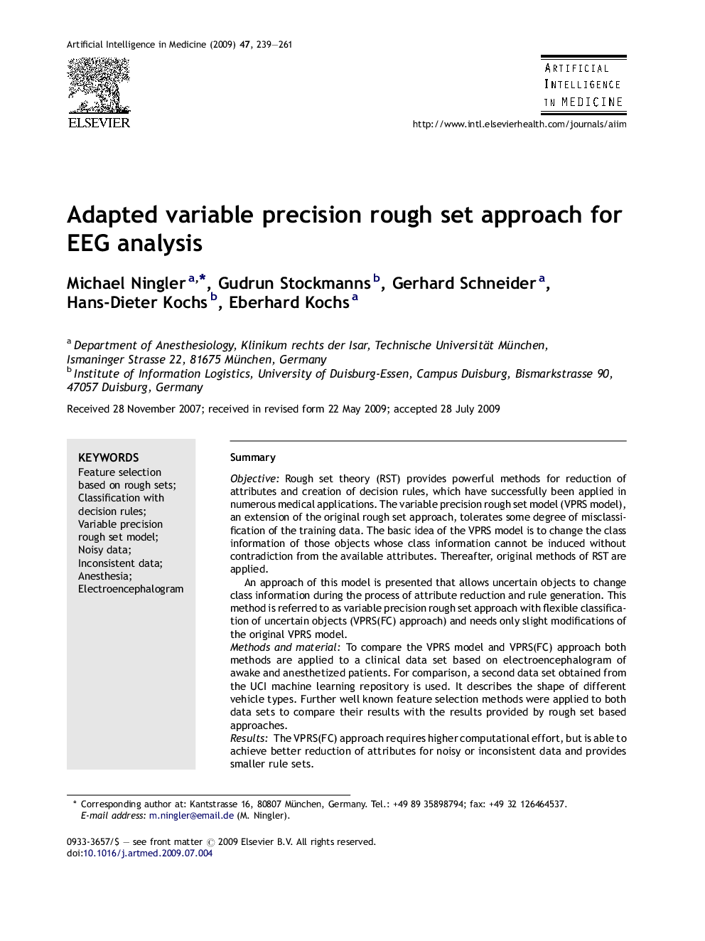 Adapted variable precision rough set approach for EEG analysis
