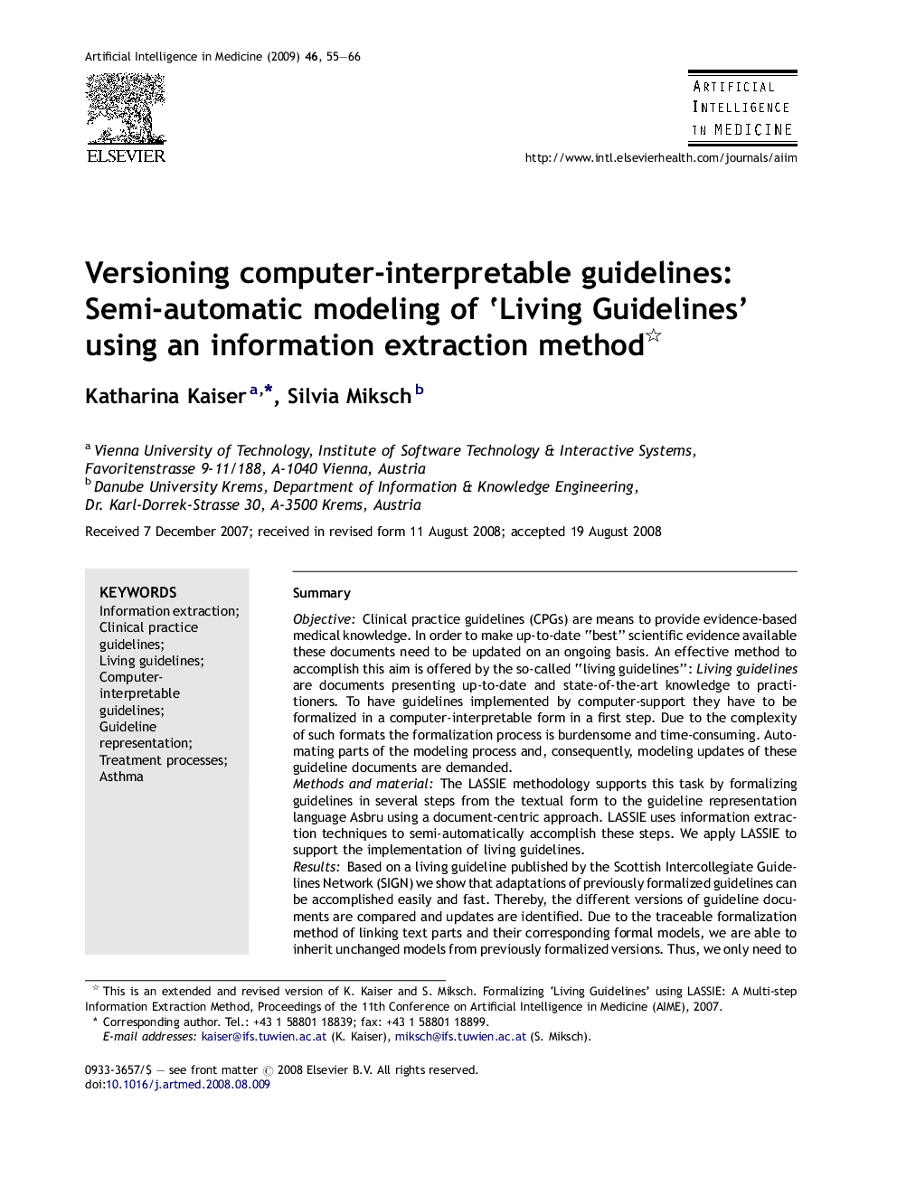 Versioning computer-interpretable guidelines: Semi-automatic modeling of ‘Living Guidelines’ using an information extraction method 