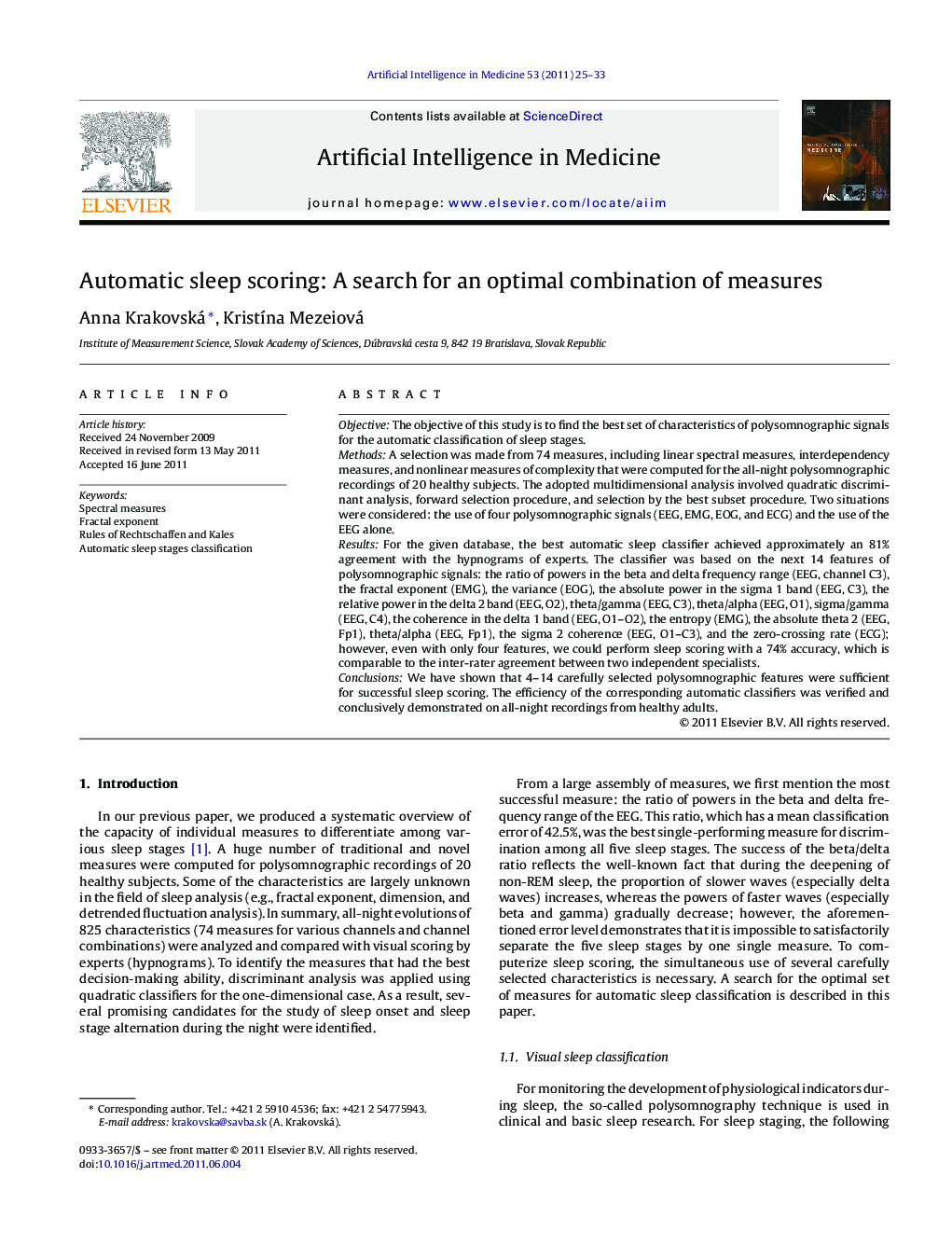 Automatic sleep scoring: A search for an optimal combination of measures