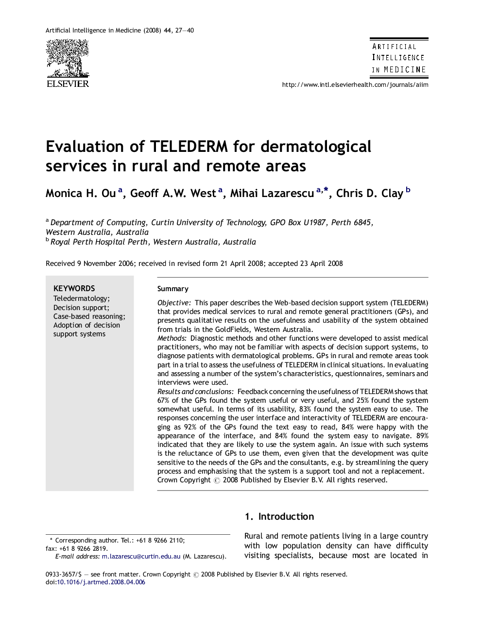 Evaluation of TELEDERM for dermatological services in rural and remote areas