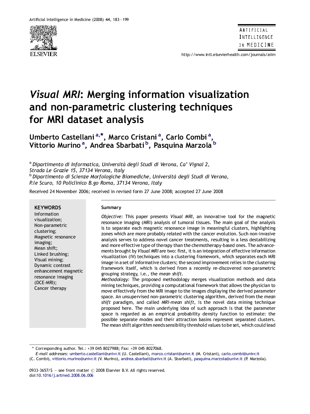 Visual MRI: Merging information visualization and non-parametric clustering techniques for MRI dataset analysis