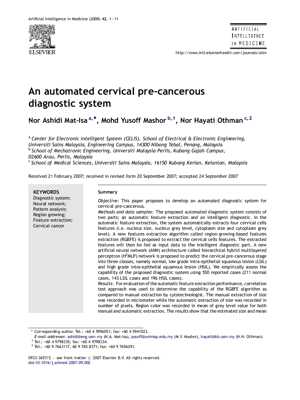 An automated cervical pre-cancerous diagnostic system