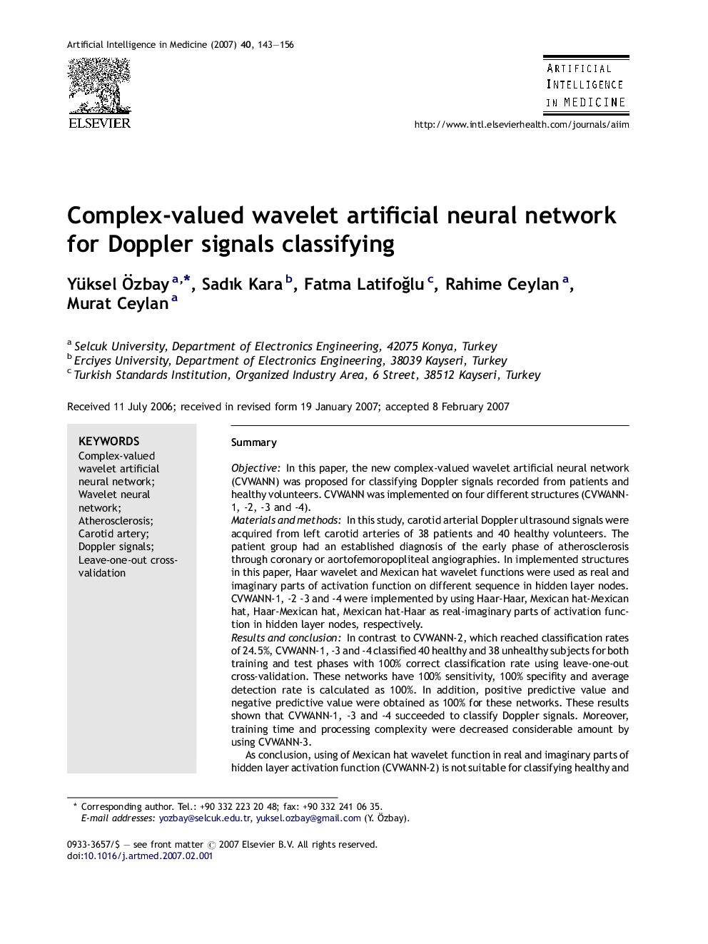 Complex-valued wavelet artificial neural network for Doppler signals classifying